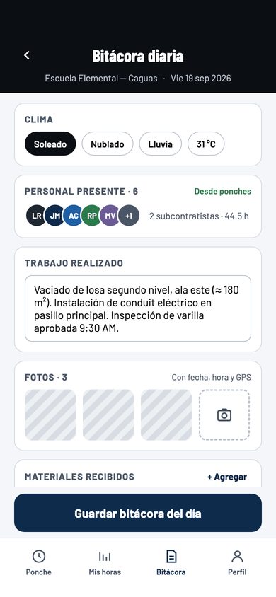 Pantalla de bitácora diaria